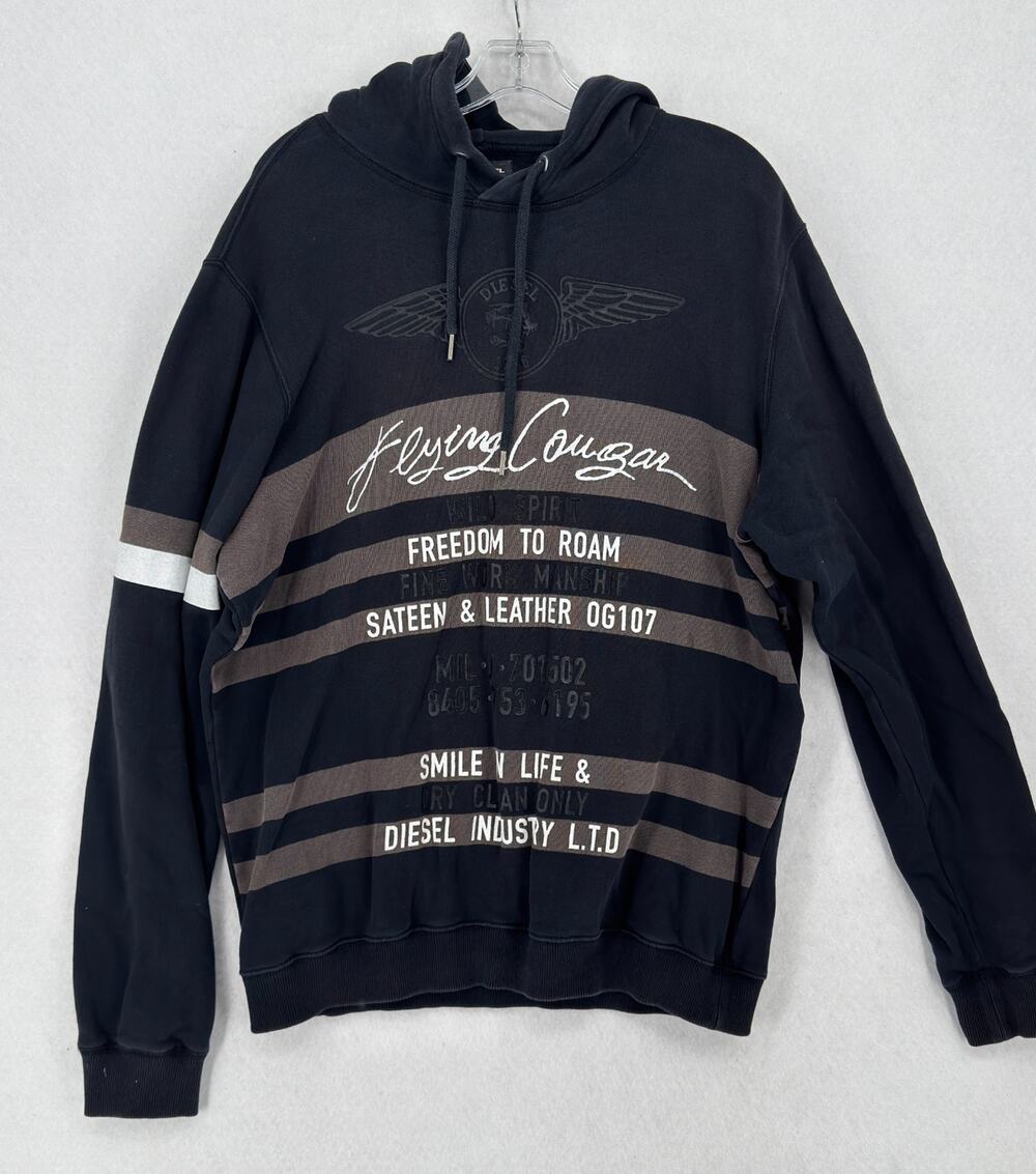 Vintage Diesel Flying Cougar Freedom To Roam Black Graphic Pullover Hoodie Sz L